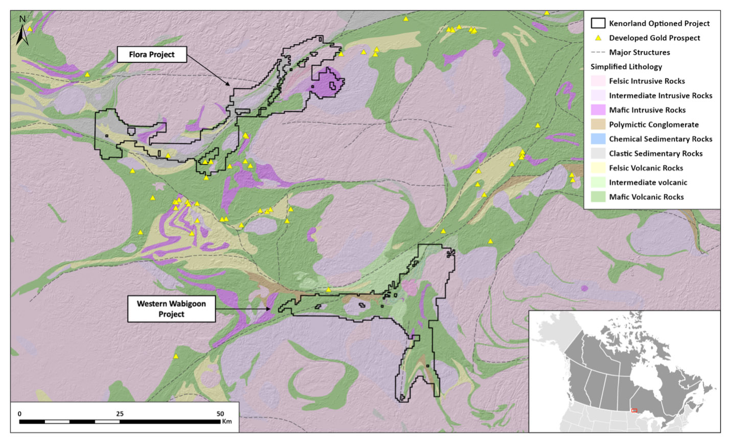 Regional geology of the Western Wabigoon subprovince with Western Wabigoon and Flora Project locations