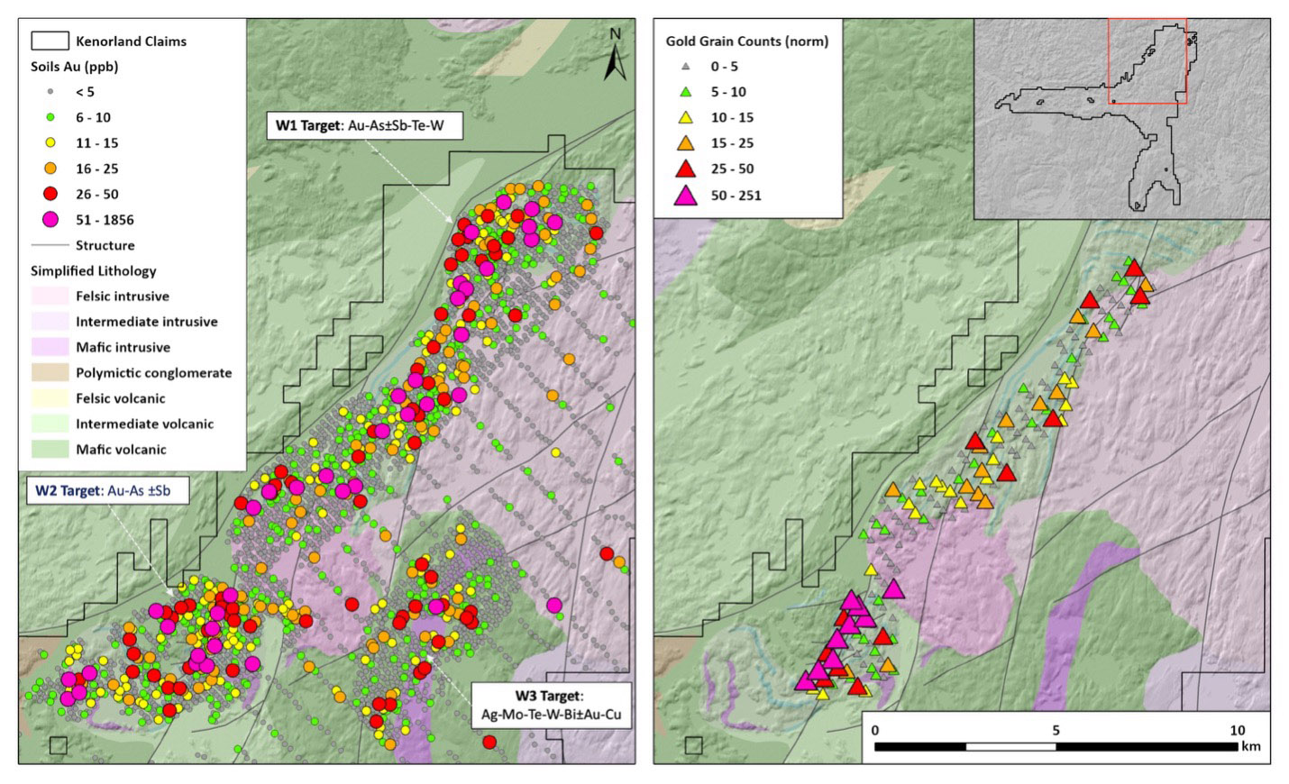 Map of the W1, W2 and W3 target areas of the Western Wabigoon Project: Left hand side – Au in fine fraction soil geochemistry; right hand side – normalized gold grain counts from HMC till sampling