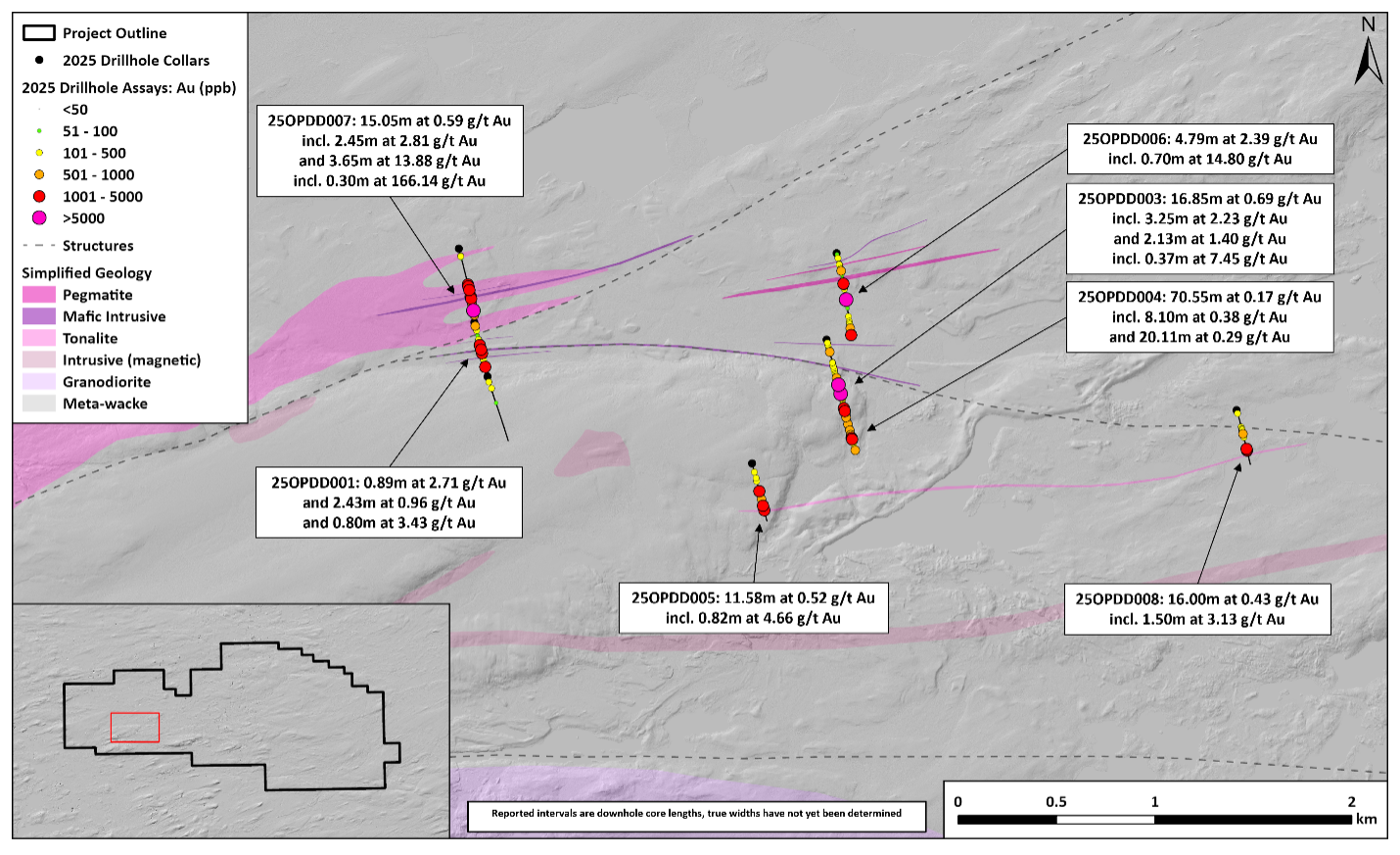 Figure 1. Plan map of Opinaca drilling with highlights from this press release