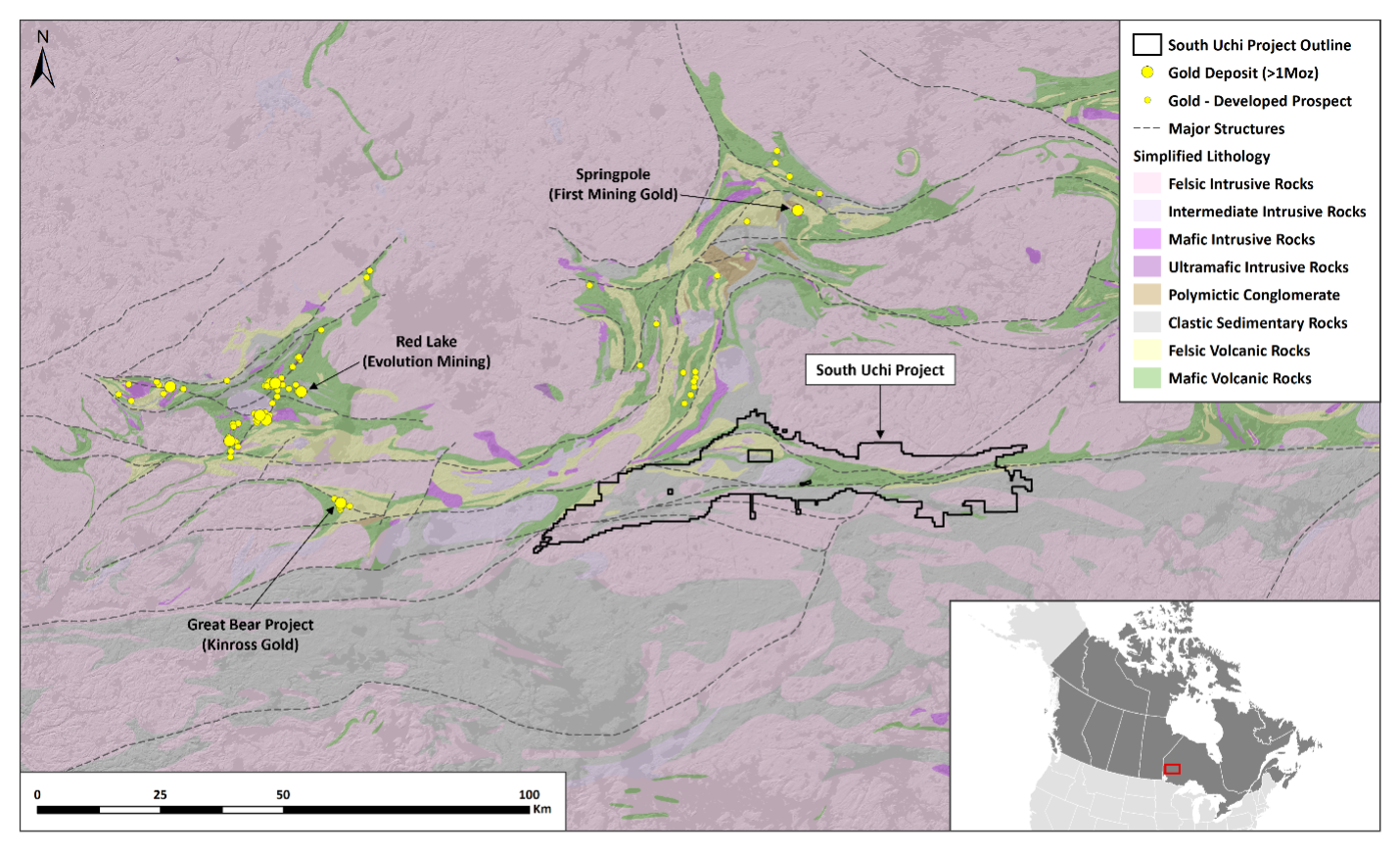 Figure 2. Regional geology with significant gold deposits and South Uchi Project location