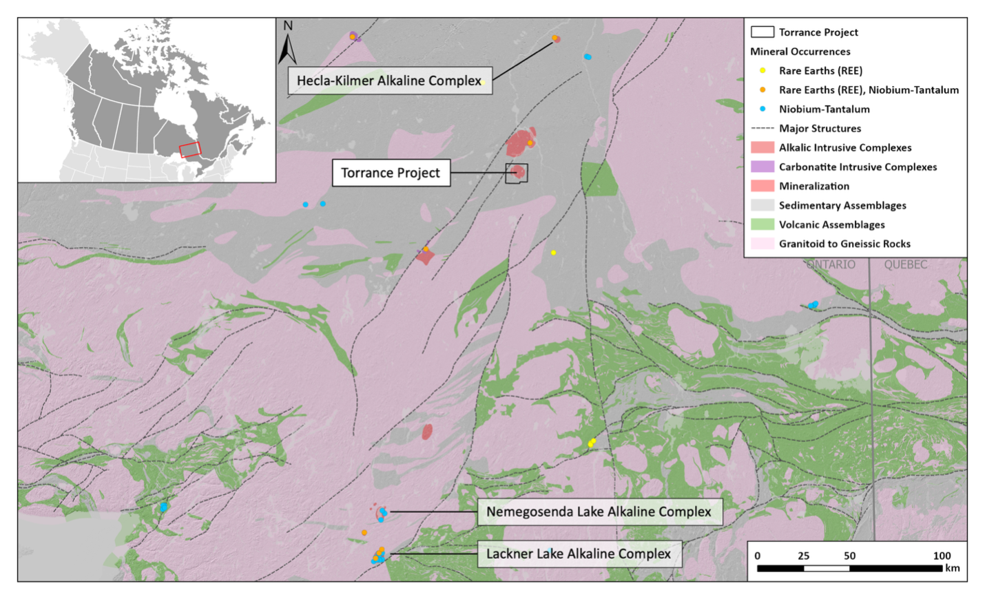 Figure 1. Geological map showing the location of the Torrance Project in Ontario