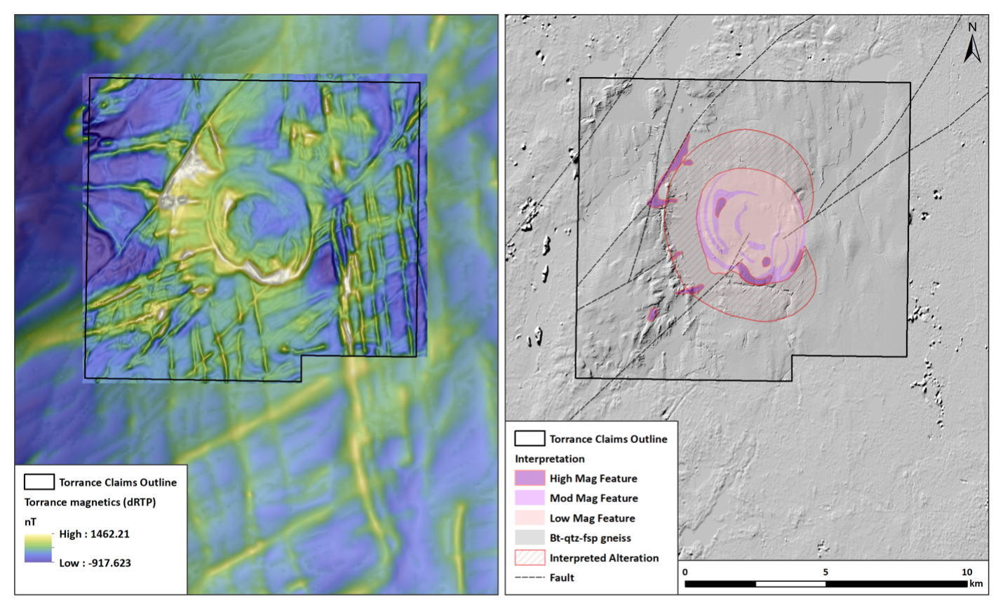 Figure 2. Results with interpretation from the aeromagnetic survey at the Torrance Project illustrating ringed magnetic patterns characteristic of known alkaline-carbonatite intrusive complexes
