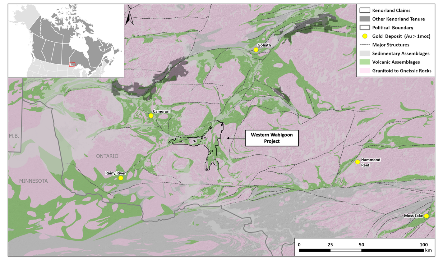 Figure 3. Simplified regional geology with significant gold deposits and Western Wabigoon Project location